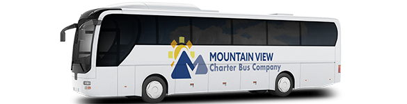 a plain white charter bus with a mountain view charter bus rentals logo on it